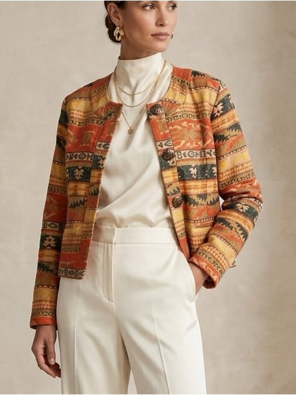 Chicos Southwestern Tapestry Jacket Silk Blend Geometric Orange Gold Size 1 S M
